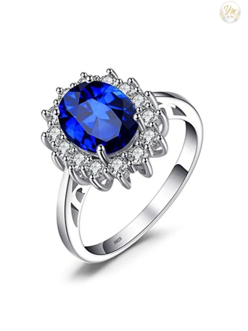 925 Sterling Silver Princess Diana Halo Ring AAA Synthetic Sapphire Gemstone